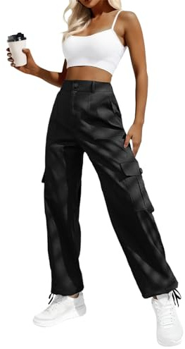 Women's Casual Mid Waist Cargo Pans Stretch Wide Leg Pants with Pockets Black