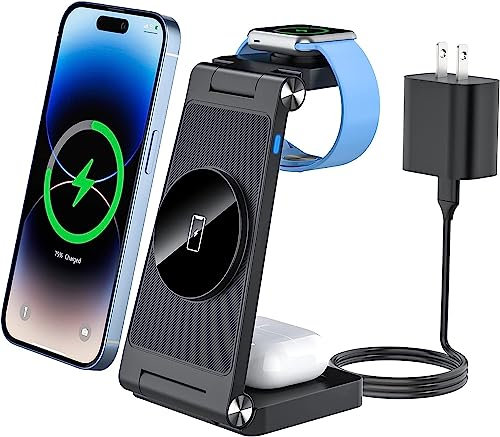 Tiergrade 3 en 1 Chargeur sans Fil pour appareils Apple Multiples, Station de Charge magnétique Pliable, Charge de Voyage pour iPhone 15/14/13, AirPods 3/2/Pro/Pro2, iWatch(Adaptateur Inclus) Noir