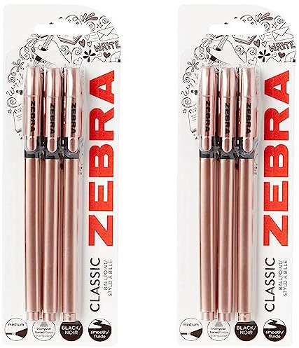Zebra Pen Z Grip Black Ballpoint With Triangular Barrel, Rose Gold, Medium Point, Black Ink, Reliable Biro for Everyday Use - 3 Pack of 2