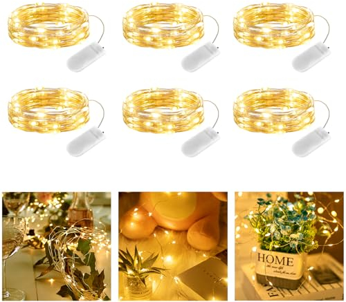 Brightown 6 Pack Led Fairy Lights Battery Operated, 2m 20 LED Copper Wire Battery String Lights, Warm White Fairy Lights Indoor for Bedroom Wedding Jars Bottle Decorations (Warm White)