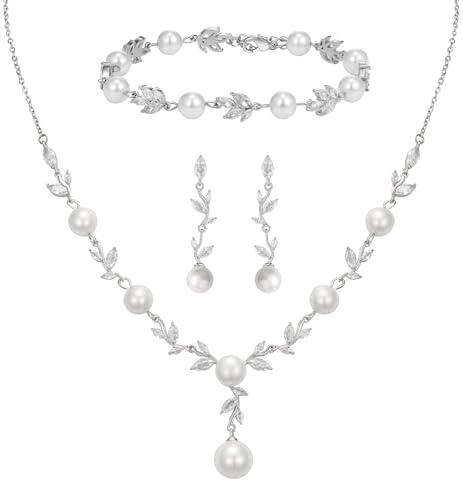 SWEETV Wedding Jewelry Set for Bride Women, Silver Cubic Zirconia Pearl Bridal Earrings Necklace Bracelet Set, Bridal Jewelry Set for Wedding Prom