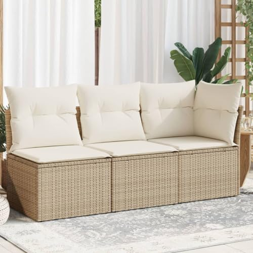 Homgoday Gartensofa 3-Sitzer mit Kissen Loungesofa Balkonsofa Balkonmöbel Gartenlounge Terrassensofa Ecksofa Ecklounge Balkon Lounge Gartenmöbel Poly Rattan Beige und Cremeweiß