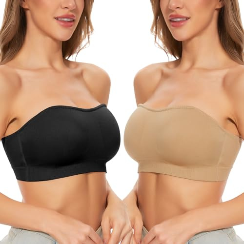 Kiiwah 2 Paia Donna Reggiseno Senza Spalline Elasticizzato Fascia Reggiseno Tubo con Reggiseno Imbottito Rimovibile Push Up Reggiseno Invisibile