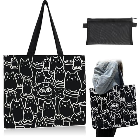 FloraMolly Borsa shopper donna, grande capacità elegante fish cat tote bag con zip leisure canvas shopping bags per la spiaggia di lavoro scolastico, con borsa a rete nera
