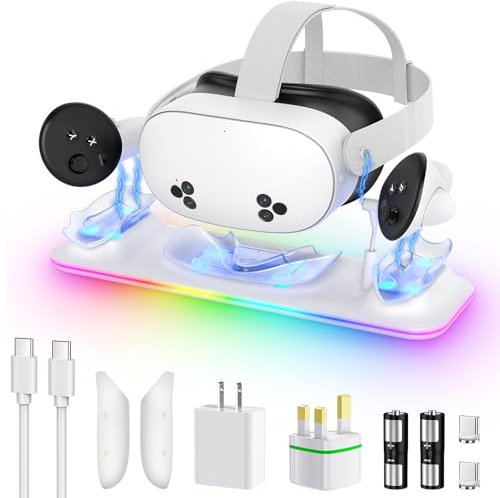 Charging Dock for Meta Quest 3S/Quest 3, Kinwin PD 18W Fast Charging Station for Oculus Quest 3S Accessories with RGB Light, Magnetic Charger Stand for Headset/Controller with 2 Rechargeable Batteries
