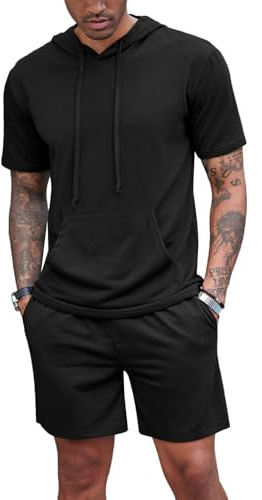 QUNERY Tute Estive Uomo Completo Uomo Estivo Spiaggia Tuta Da Tempo Libero 2 Pezzi Felpa con Cappuccio mit tasca + Pantaloncini Set Nero XL