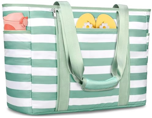 KTUEOV Bolso Playa Mujer, 45L Bolso Playa Grande XXL Familiar con Cremallera, Impermeable Bolso Piscina Mujer Plegable Compartimento para Artículos Mojados Para Viajes, Picnic, Vacaciones