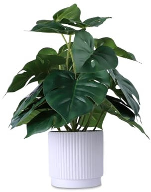 HOFMEFY Artificial Monstera Potted Plant Realistic Fake Plants Home Greenery Table Decor with White Ridged Plastic Pot 31CM Tall Fake Tropical Palm Tree Bigger Leaves