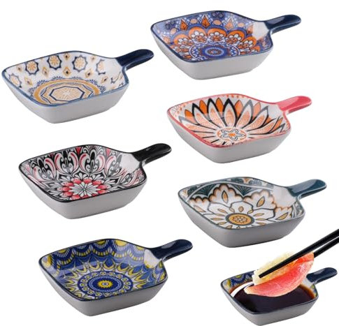 Ciotole ceramica con manico, 12 cm, per salsa, soia, sushi, snack, 6 pezzi, stile bohémien