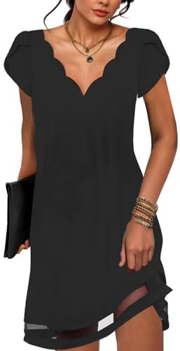 ABYOVRT Vestito Donna Elegante Manica Corta Estivo Bohémien retrò Abito Scollo a V Casual Vestiti Linea A Moda Mini Tuniche Vestito,Nero,M