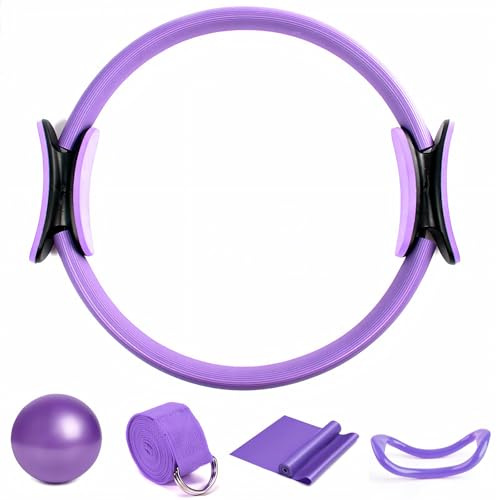Home Pilates kit for Women 5 Pcs,Durable Better Portable Yoga Equipment Set with Resistance Bands,Pilates Ball,Pliate Ring,Stretch Belt & Pilate Circle for Women Training Gift,Home Workouts (Purple)