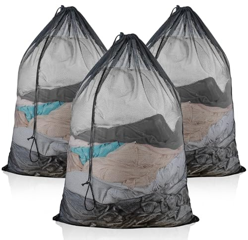 EyvirQic 3 Pack Large Mesh Laundry Bag, 24 x 36 Inch Mesh Wash Bag with Drawstring Closure, Delicates Bag for Washing Machine - Perfect for College Dorms, Travel, Laundromats, Apartments (Black)