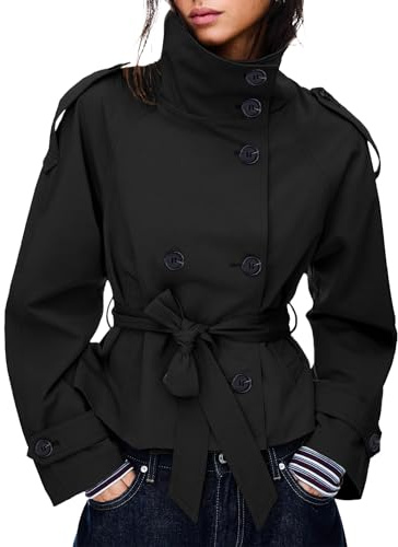 Maohao Women's Cropped Trench Coat Double Breasted Short Jacket High Collar Fall Winter Coats Trendy Outfit with Belt(Black,M)
