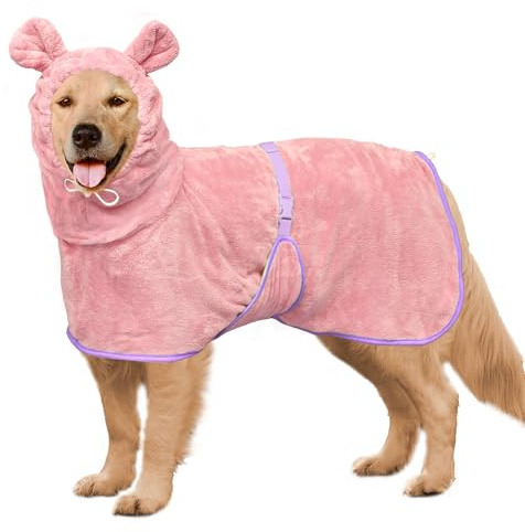 Dog Bathrobe Super Absorbent Towel Robe - Microfiber Bath Towels Fast Drying Coat for Dogs, Cute Dogs Clothes Adjustable Collar & Belly Strap Warm Keeping Hooded Dog Towel (Pink, XX-Large)
