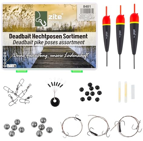 Zite Fishing Deadbait - Set di pose per luccio, 20 – 30 g, pronto per il doppio drilling, montaggio su base in acciaio, con piombo sferico, per luccio
