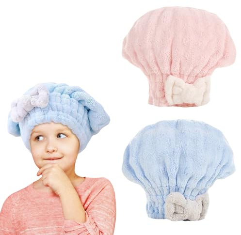 2 Stück Mikrofaser Handtuch Haare Turban Super Saugfähig Haare Handtuch Haar Wrap Niedlichen Trocknende Badekappe Weich Haarturban Wrap für Damen Kinder Alle Haartypen Dusche Salon Bad (Schleife)