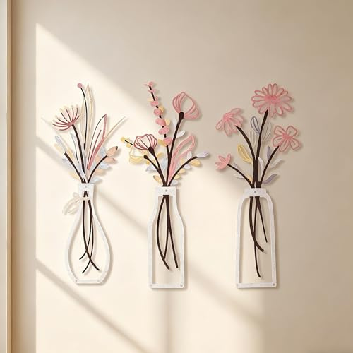 HUASUN Set de 3 Decoraciones de Pared de Metal con Flores – Estilo Boho Rústico, Esculturas con Florero y Siluetas Minimalistas, Arte para Salón, Dormitorio o Cocina, Beige