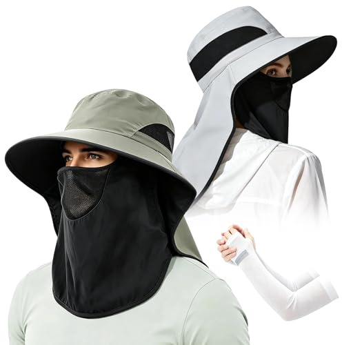 Breathable Fisherman Hat with Face Mask & Arm Sleeve-Wide Brim, Breathable Cooling Sun Protection Set for Women Men, UV Shield Hat with Adjustable Chin Strap for Hiking, Gardening, Cycling, Beach