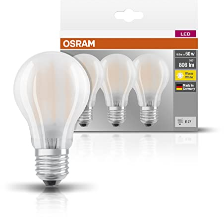 Osram LED Base Classic A Lampe, in Kolbenform mit E27-Sockel, nicht dimmbar, Ersetzt 60 Watt, Matt, Warmweiß - 2700 Kelvin, 3er-Pack