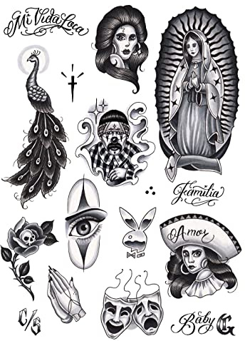 Tatsy Chicano Set, Tatouages Temporaires pour Femme et Homme, Designs Chicano et Lowrider avec Ange, Cœur, Araignée et Clown, Body Art pour Fêtes et Événements