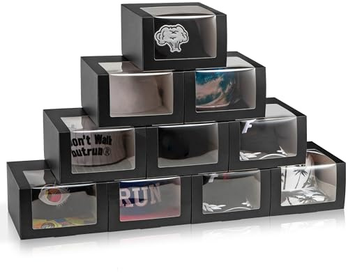 LADYBRO Black Gift Boxes with Window Display for Hat Storage Containter for Baseball Caps (Fitted, Snapbacks, Trucker) 7.8 x 7.8 x 4.8, 10 Pack