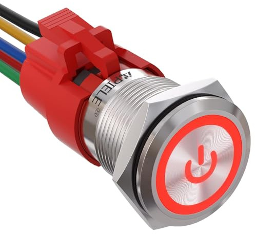 APIELE Interruttore a pressione da 19 mm, 12 VDC 5 A, in acciaio inox con simbolo di alimentazione a LED, impermeabile, interruttore a pulsante, per auto, camper e barca (guscio argentato/rosso)