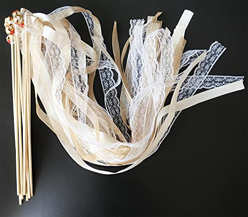 Duories Wedding Wands Lot de 30 baguettes magiques avec cloches en dentelle serpentins en soie pour mariage, fête, fête prénatale, anniversaire, Noël