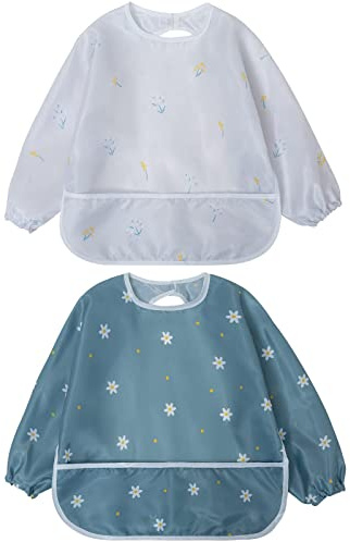 Little Dimsum Bavoirs Bebe avec Manches, Bavoir Manches Longue Bebe Bavoir Imperméable Bébé, Tablier Peinture Enfant Convient aux Enfants de 6 Mois à 3 Ans