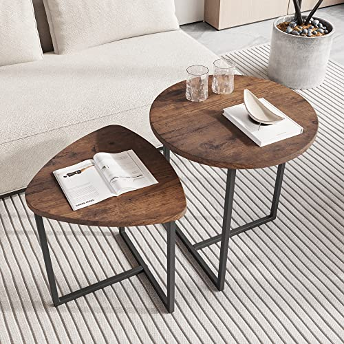 HOJINLINERO Couchtisch Rund 2 er Set,Beistelltisch Set,Sofatisch,Kaffeetisch,Metall Untergestell und Herzform Einer Tischplatte Aus Holz,Industriellen Design,Wohnzimmertisch,Modern,Schwarz+Braun