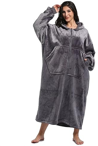 Överdimensionerad bärbar filttröja för kvinnor män, varm mysig fleece sherpa huva filt med djupa fickor för vuxna barn, mörkgrå, vuxen med dragkedja
