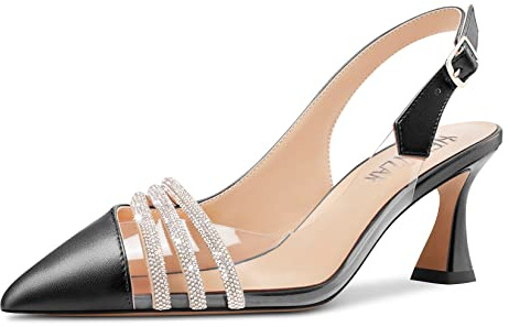 HEUIVZAR Donna Medio Gattini Tacco Heel a Punta Sandali Pumps Slingback Diamante Cristallo Ufficio Dress 6.5 CM Heels Nero 40 EU
