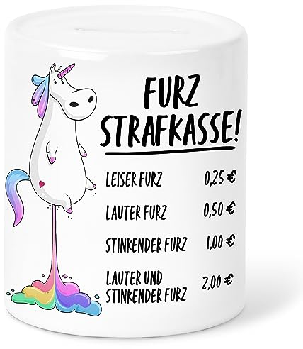 Furzkasse Spardose Furz Furzstrafkasse Strafkasse mit Einhorn Witzgies Sparschwein Lustige Sparbüchse aus Keramik Geschenk Bunt