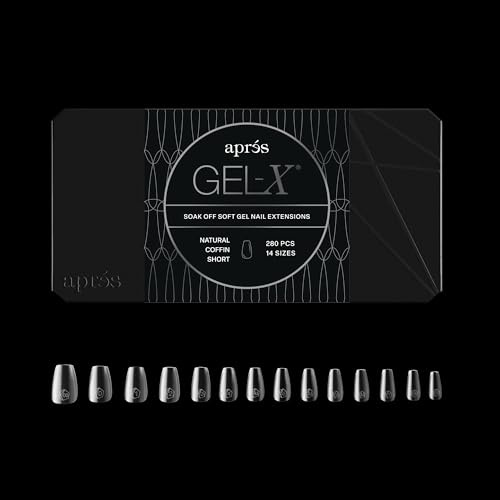 Apres Gel-X® Coffin Box of Nail Tips | 280 Soft Gel Tips, 14 Sizes 00-9 | Half-sizes Included (Natural Coffin Short, 280 Count)