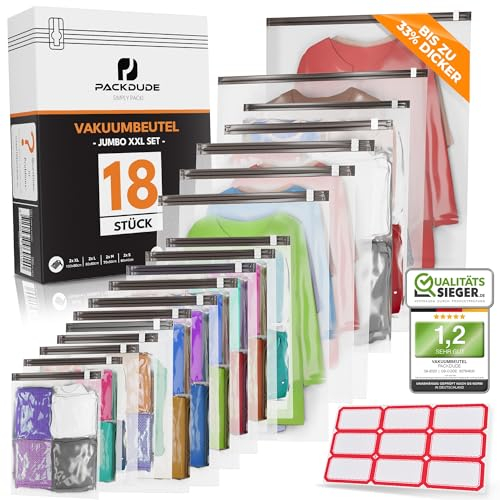 PACKDUDE® Vakuumbeutel für Kleidung klein & groß I 18 STÜCK I 8x Vakuumbeutel für Staubsauger & 10x Vakuumbeutel zum Rollen (ohne Ventil) I Vacuum Bags for Clothing I Vakuumierbeutel Kleidung