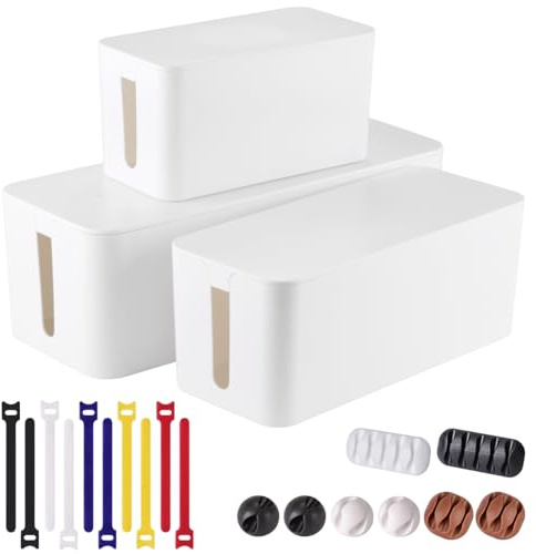 3 Pack Cable Management Box with 18 PCS Cable Management Set - Large & Medium & Small Cable Organizer Box to Hide Wires & Power Strips | TV Cord Organizer Box | for Home & Office, White