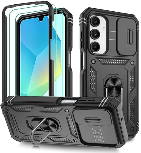 Pilaru 3 in 1 for Samsung A16 case with 2 Screen Protector & Kickstand Ring & Camera Cover Military Grade Drop Shockproof Protection [360 Full Body] Case for Samsung Galaxy A16,Black