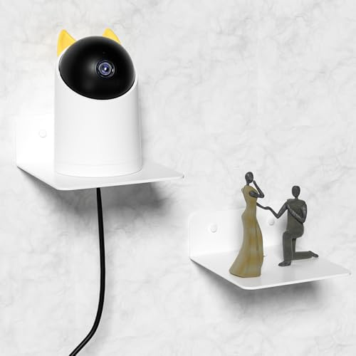 Wisfame Small Wall Shelf White Metal, Mini Floating Shelves 12.5cm Wide Adhesive Shelf, Small Wall Shelf No Drilling for Living Room, Bedroom, Smart Speaker, Clock, Decoration (Set of 2)