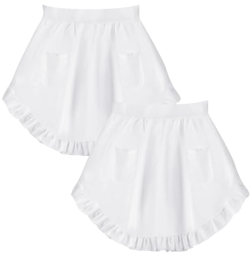 DASHUAIGE 2 Pack Short Waist Aprons for Women, White Hostess Apron with 2 Pockets, Polyester Victorian Style Bistro Apron for Waitress, Cooking & Restaurant Work