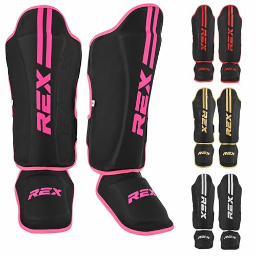 Rex Boxing Shin Guard Muay Thai Instep Leg Protector for Martial Arts, Kickboxing, BJJ, Karate, PU Leather reinforced MMA Shin Instep (BLACK/PINK, M)