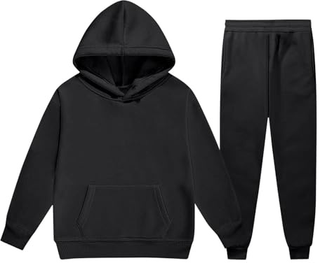 Generisch Tuta Per Bambini Ragazze Set Abbigliamento Tempo Libero Bambini Con Felpa Con Cappuccio Con Pantaloni Set Monocromatico Autunno Inverno Moda Due Pezzi Vestiti Per Ragazze 5-13 Anni, Nero