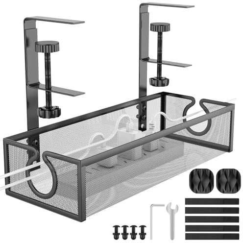 PRITOK Under Desk Cable Management Tray No Drill: Wire Organizer with Clamp Mount, Mesh Table Cable Basket for Home, Office, Internet Cafe, Tidy Cord Organiser (34x11x7.5cm, Black)