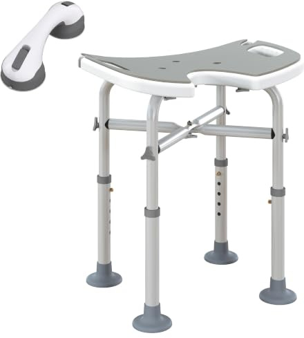 HOMCOM Tabouret de Douche Hauteur Ajustable 39-51,5 cm 150 kg Gris Argent | Siège de Douche, Barre d'Appui à Ventouse, Grands Patins à Ventouse, Assemblage sans Outil