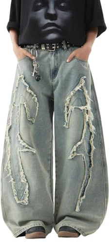 DFGIGT Men's Baggy Jeans Patchwork Embroidery Jeans Fringe Frayed Edges Wide Leg Denim Pants Loose Fit Distressed Wide Leg Relaxed Fit 2000s Extreme Motion Skateboard Street,A20 Dark Blue,XX-Large