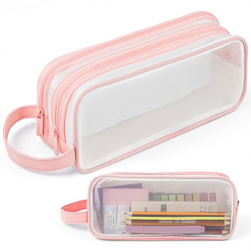 APXEL Clear Mesh Pencil Case Pink, 2 Compartment Pen Bag | Practical Multifunction Pencil Pouch, Transparent Makeup Bag for Teen Student College Business Travel Office Adult