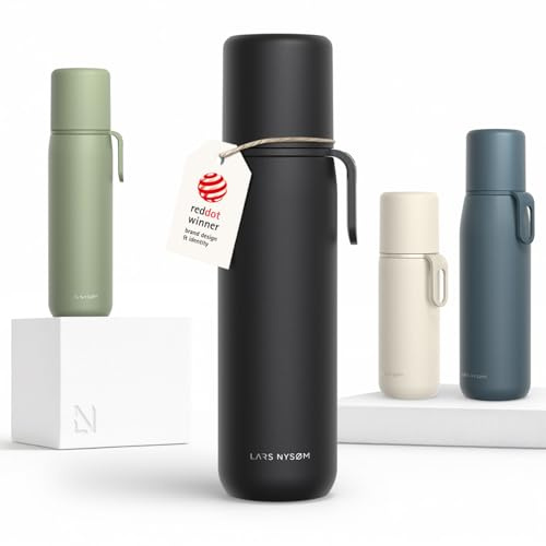 LARS NYSØM Bottiglia Termica in Acciaio Inox - Borraccia Isolata a Doppia Parete con Tazza & Tracolla, Bottiglia Ermetica per Viaggio, Ufficio & Attività all'Aperto (Carbon Black, 750ml)