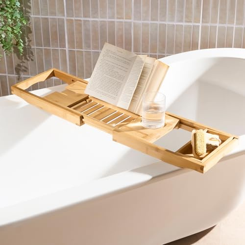 OHS Wooden Bath Tray, Bath Shelf Bathroom Accessory Home Spa Board for Adults Extendable Bathtub Caddy Bamboo Bathroom Accessories Set Bathtub with iPad & Phone Holder, Natural