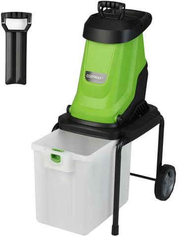 COSTWAY Häcksler Garten 2800 W, Elektro Gartenhäcksler, Elektrischer Walzenhäcksler mit Rädern, 50 L Fangbox | Schnittstärke 45mm | kabelgebunden, Messerhäcksler für und Gartenreinigung (Grün)
