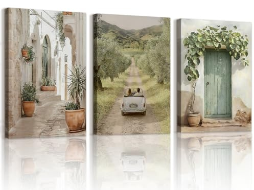 WENGTIAO 3 Pièces Vintage Italien Rustique Ville Paysage Tableau Decoration Murale Encadré Toile Peinture Arbre Vert Olive Campagne Decoration Salon Maison Deco Chambre 30x40cmx3
