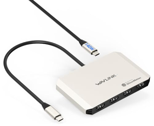 WAVLINK USB-C-till-HDMI-adapter, fyrskärmsadapter för M1/M2/M3/M4-macOS-system, 140 W PD-ingång, 4 HDMI-portar, fyr-4K-utgång, SMI-drivrutiner och värd USB3.2 krävs