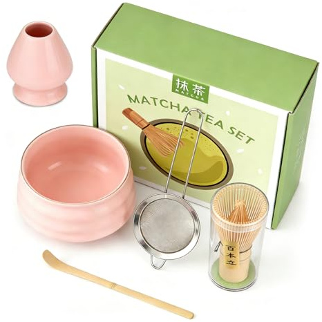 MFUSUL Matcha Kit 5 Pezzi per Principianti, Kit Matcha Completo con Ciotola e Supporto, Cucchiaio, Frusta in Bambù per Cerimonia Tè Matcha Artigianale
